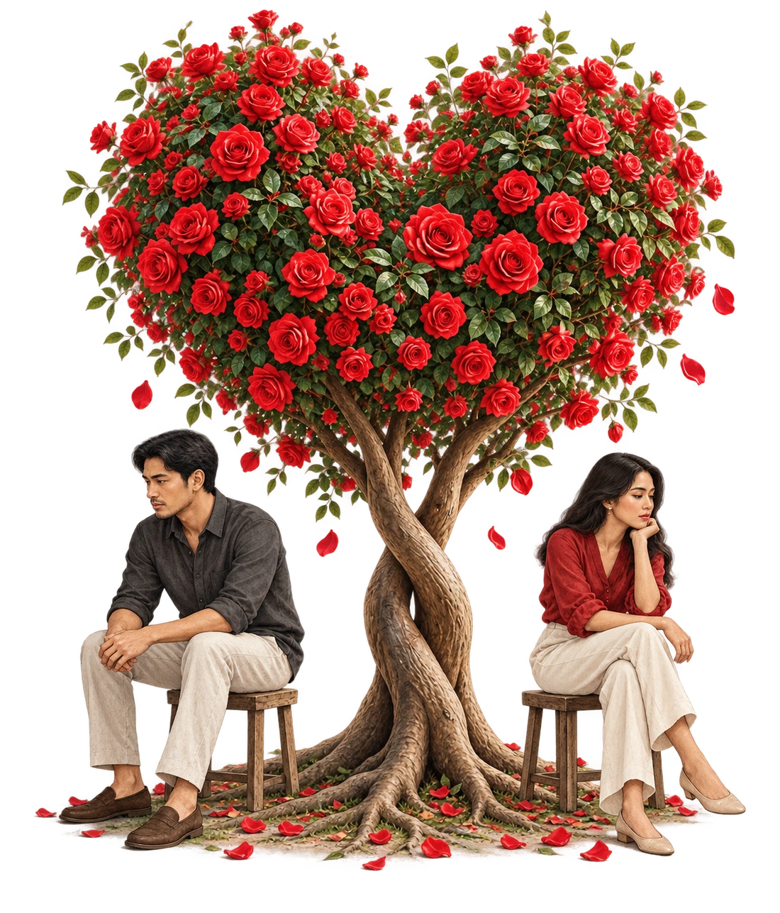 Two people turned away from each other beneath a rose-covered heart-shaped tree.