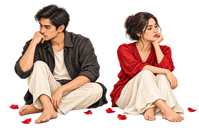 Two people sit apart, each carrying their own unspoken feelings.